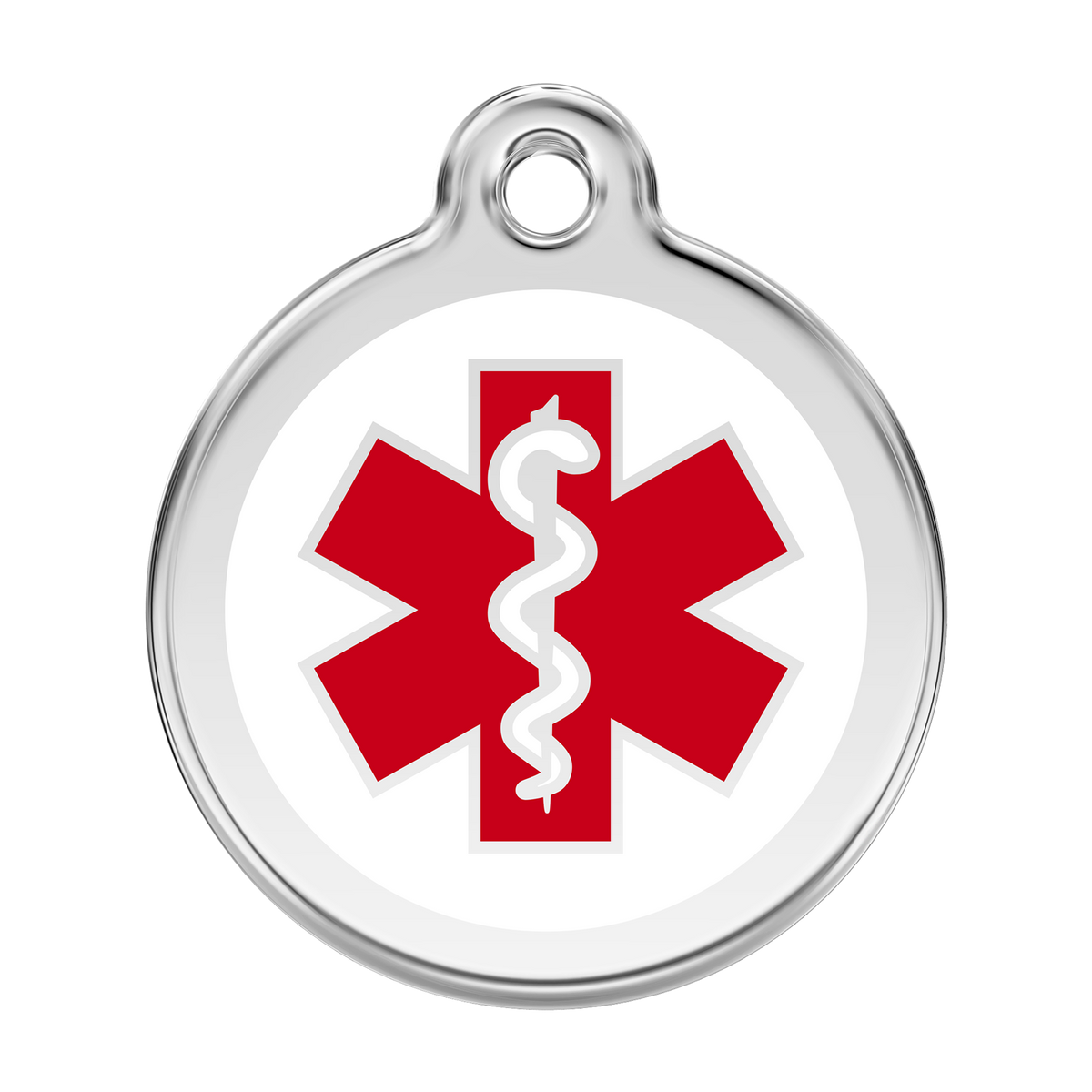 Stainless steel medical alert dog ID tag with red cross and caduceus symbol