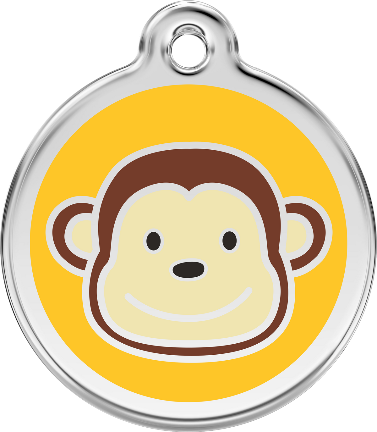 Stainless steel dog ID tag with yellow enamel monkey face and circular ring