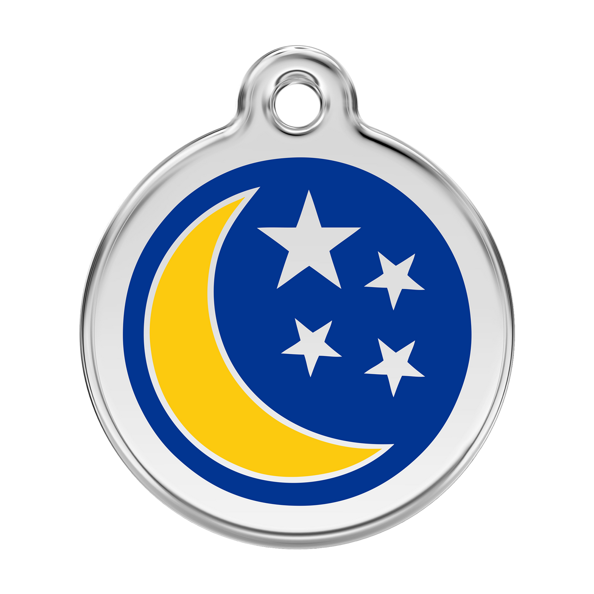 Red Dingo moon dog ID tag, stainless steel enamel with blue/yellow stars