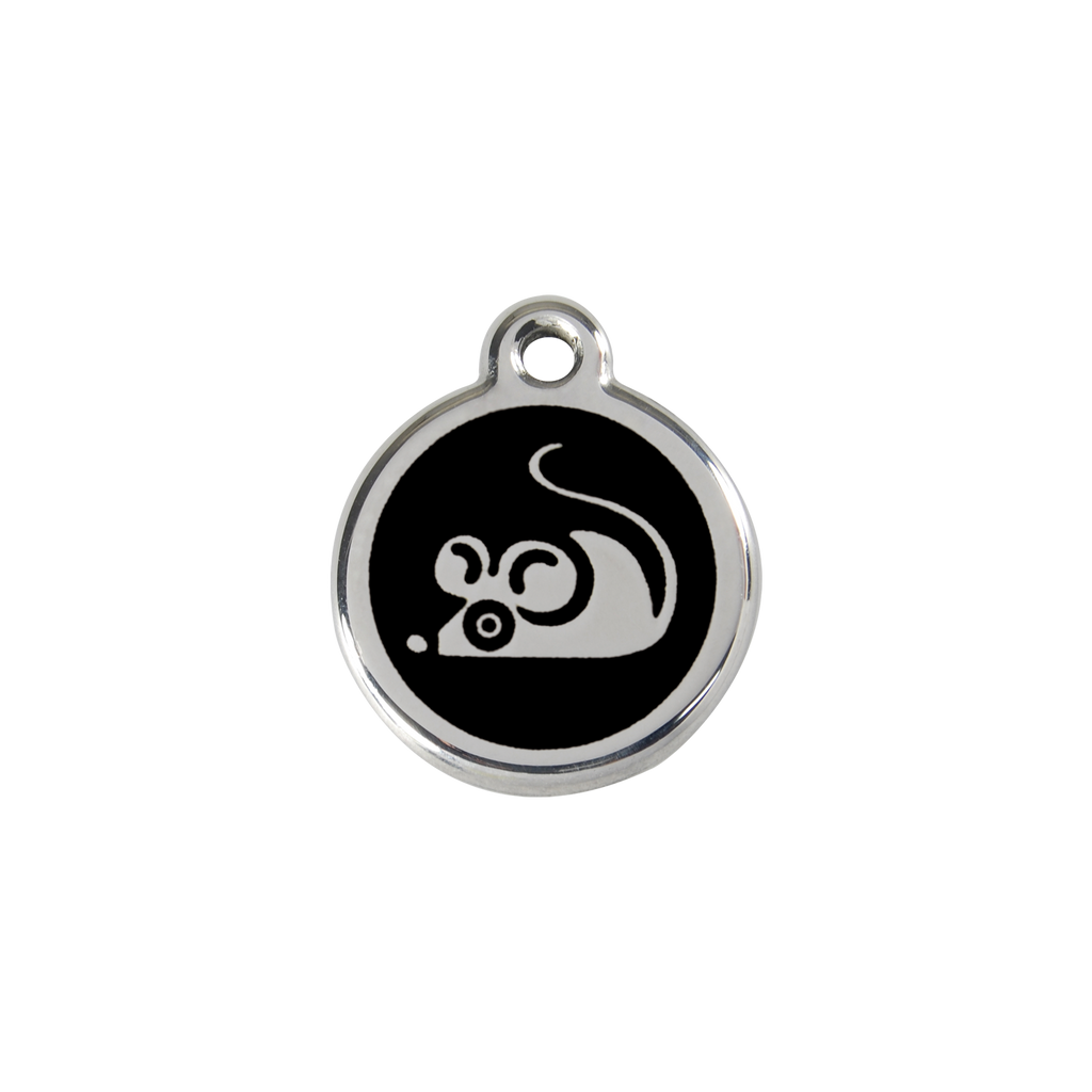 Black stainless steel cat ID tag with mouse graphic and hanging loop
