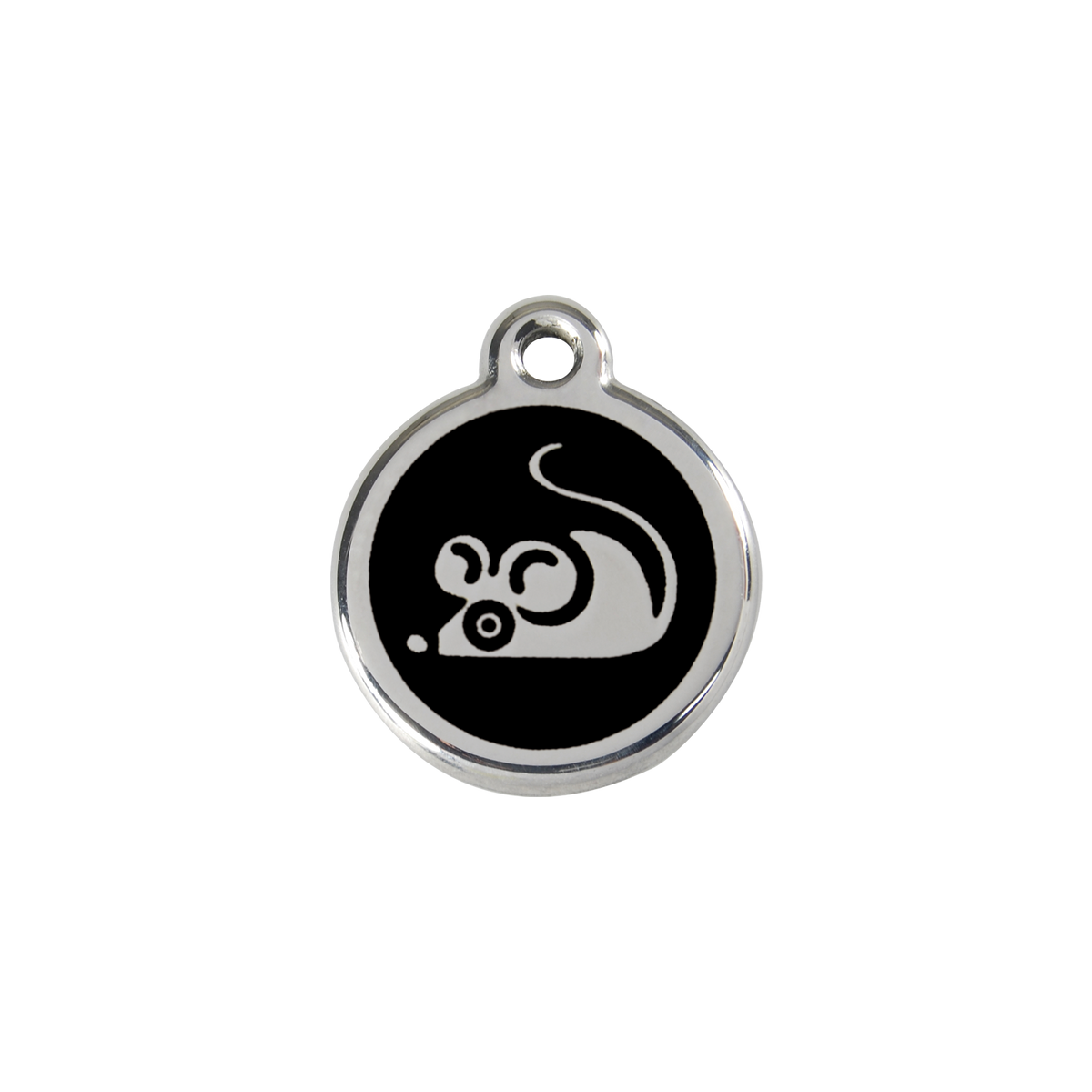 Black stainless steel cat ID tag with mouse graphic and hanging loop