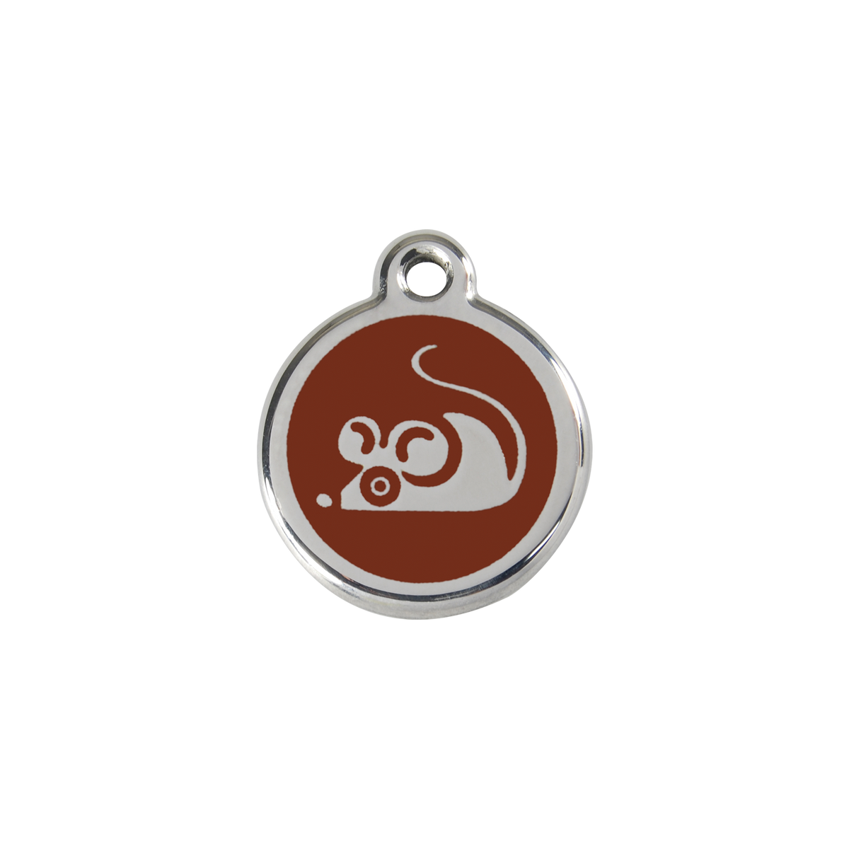 Brown stainless steel cat ID tag with mouse graphic and hanging loop