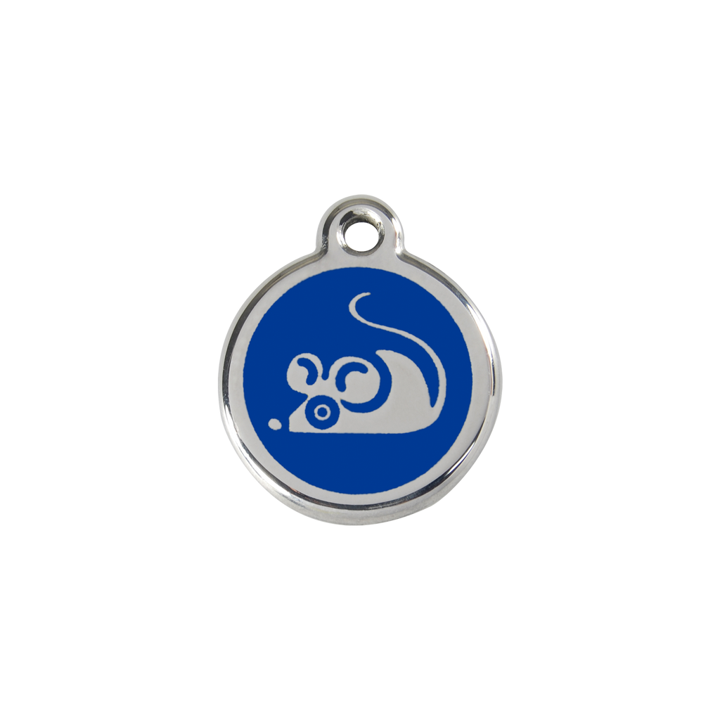 Dark blue stainless steel cat ID tag with mouse graphic and hanging loop