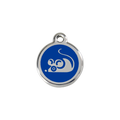 Dark blue stainless steel cat ID tag with mouse graphic and hanging loop