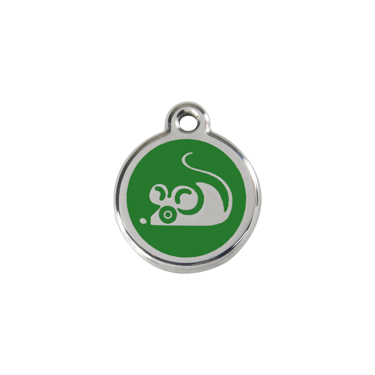 Green stainless steel cat ID tag with mouse graphic and hanging loop