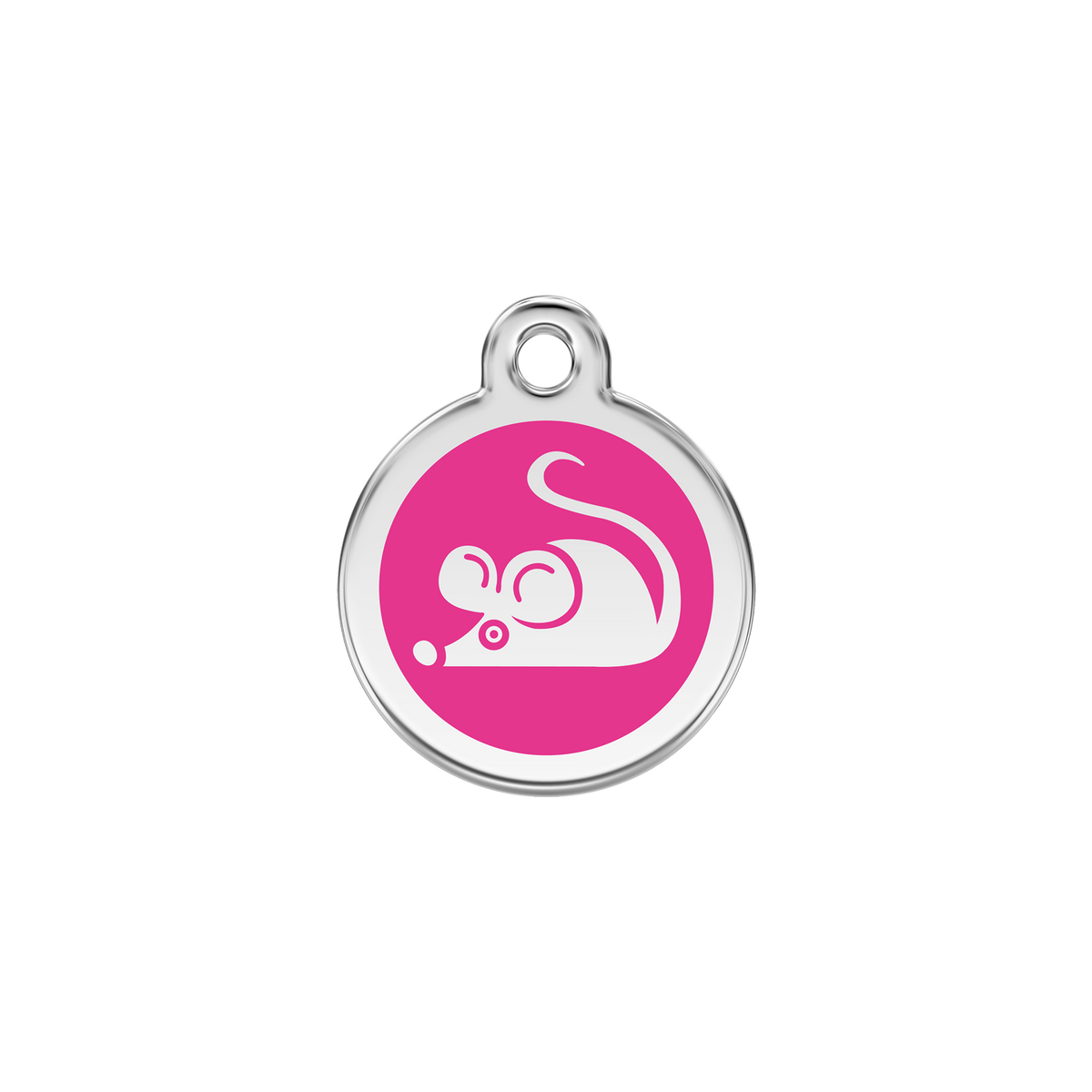 Hot pink stainless steel cat ID tag with mouse graphic and hanging loop