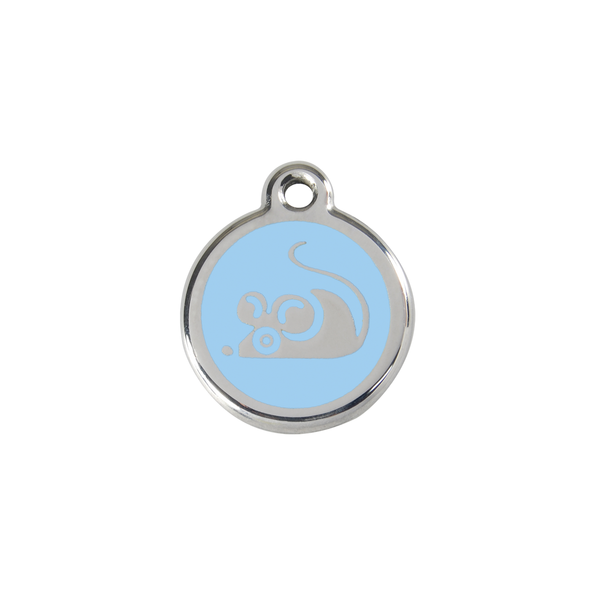 Light blue stainless steel cat ID tag with mouse graphic and hanging loop