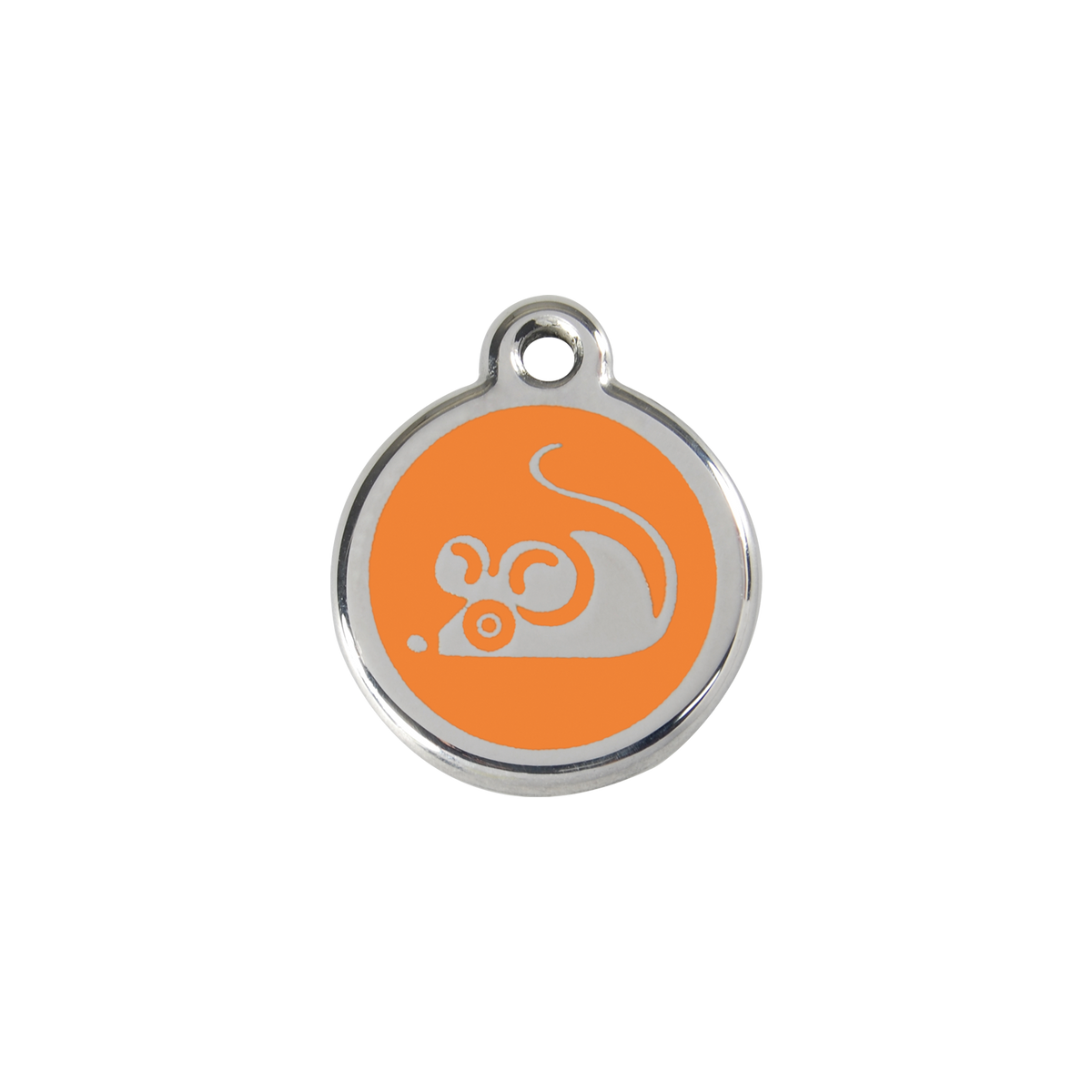 Orange stainless steel cat ID tag with mouse graphic and hanging loop