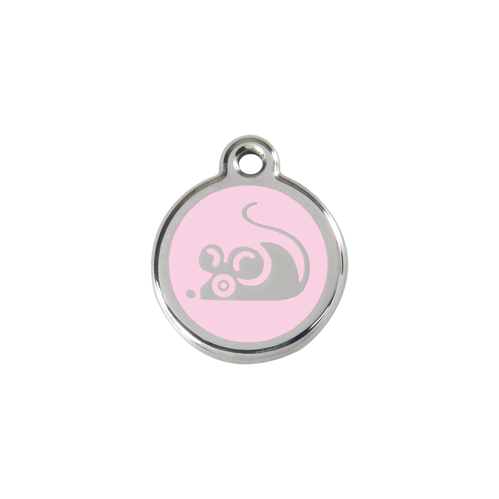 Light pink stainless steel cat ID tag with mouse graphic and hanging loop