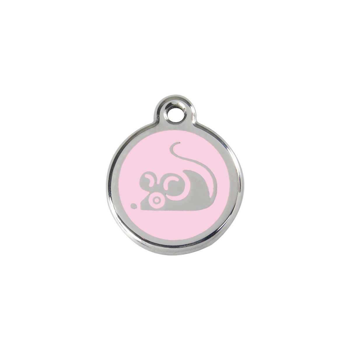 Light pink stainless steel cat ID tag with mouse graphic and hanging loop