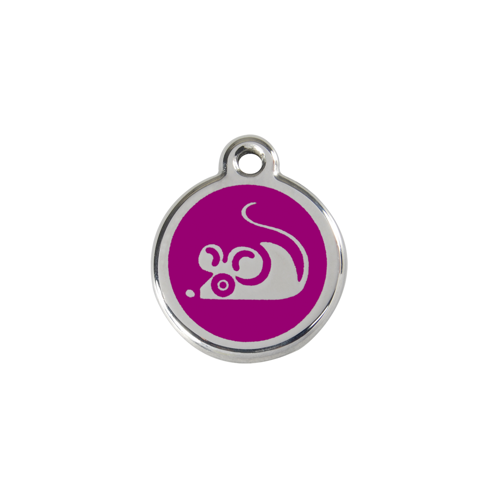 Purple stainless steel cat ID tag with mouse graphic and hanging loop