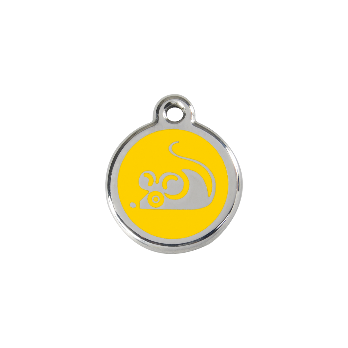 Red Dingo stainless steel cat ID tag, round yellow with mouse graphic
