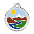 Red Dingo dog ID tag, round stainless steel with enamel mountains and winding blue river