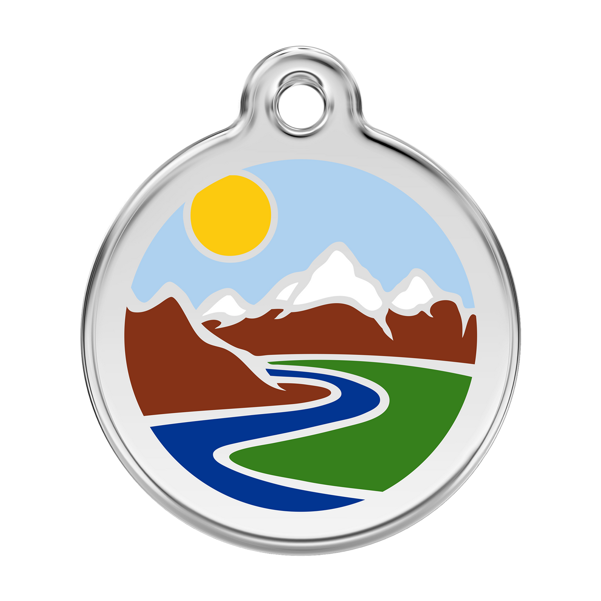 Red Dingo dog ID tag, round stainless steel with enamel mountains and winding blue river