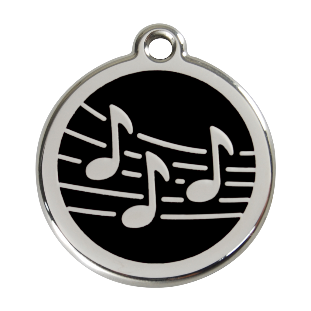 Stainless steel dog ID tag with black enamel music notes and hanging ring