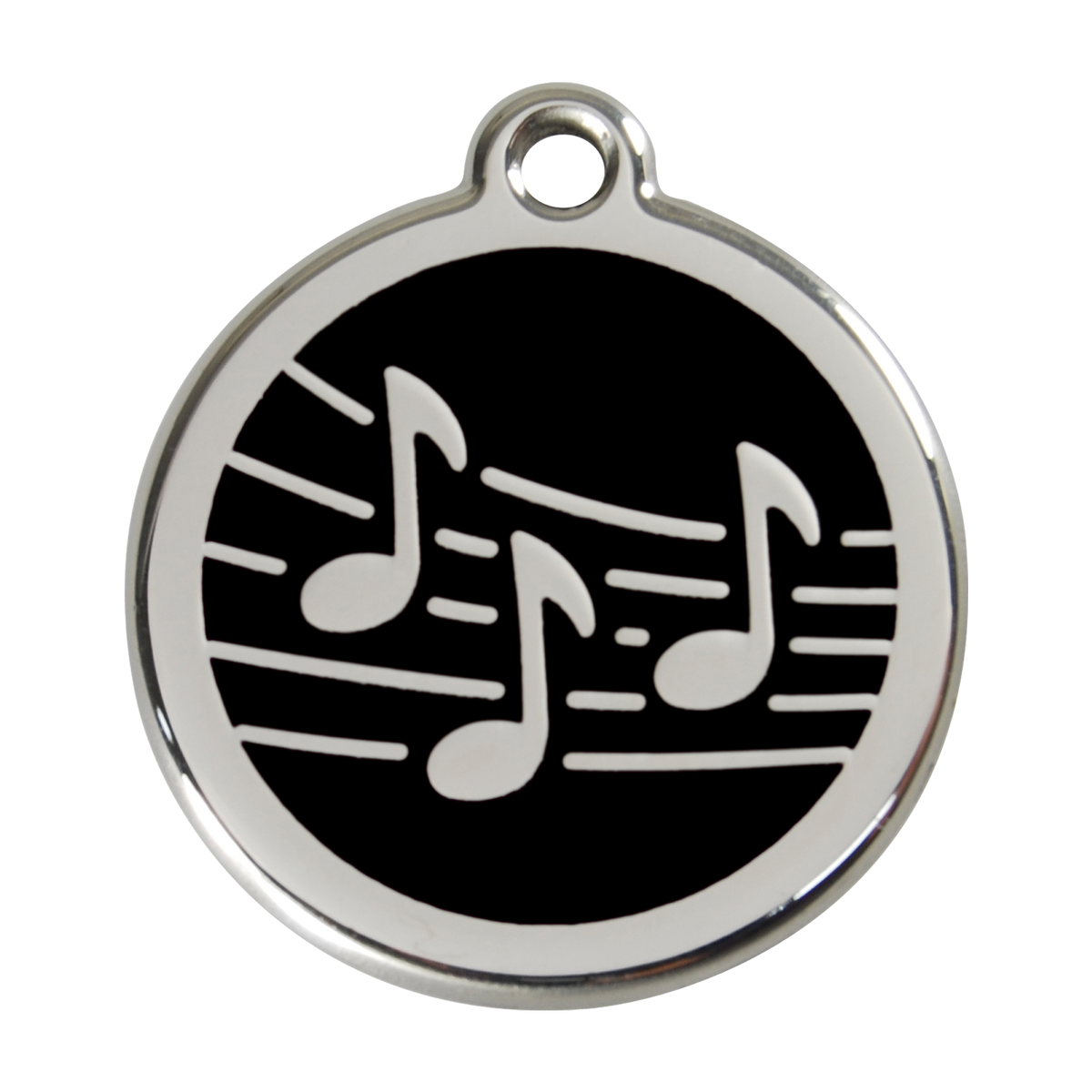 Stainless steel dog ID tag with black enamel music notes and hanging ring