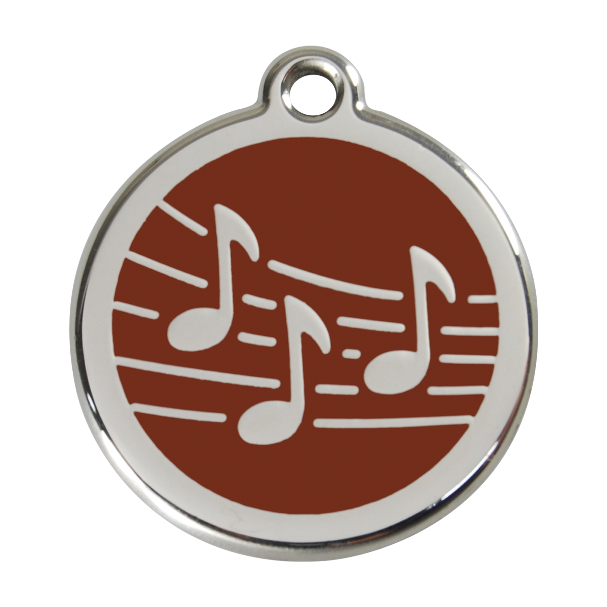 Stainless steel dog ID tag with brown enamel music notes and hanging ring