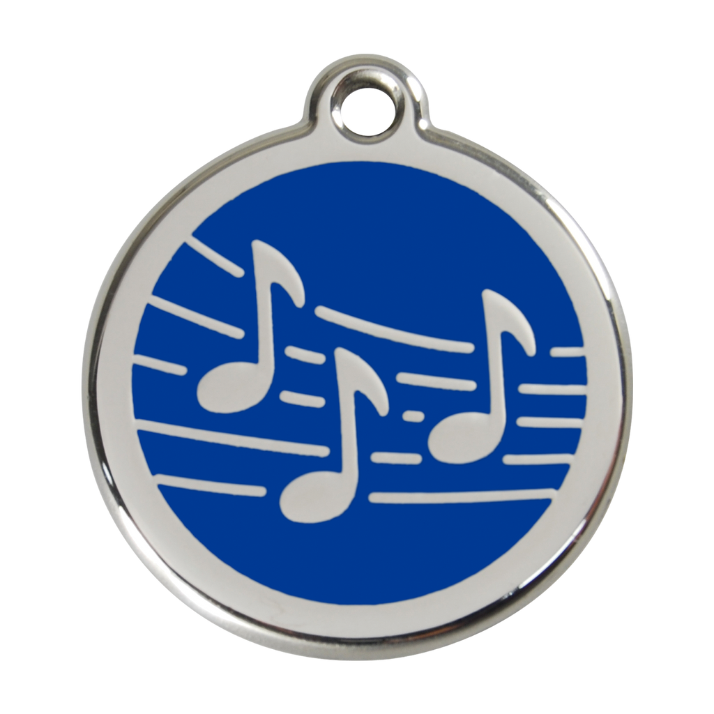 Stainless steel dog ID tag with blue enamel music notes and hanging ring