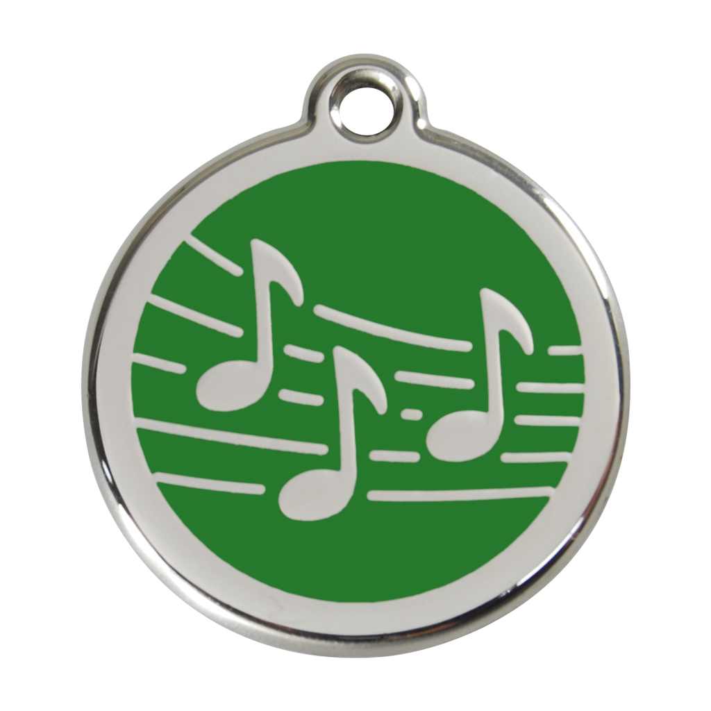 Stainless steel dog ID tag with green enamel music notes and hanging ring