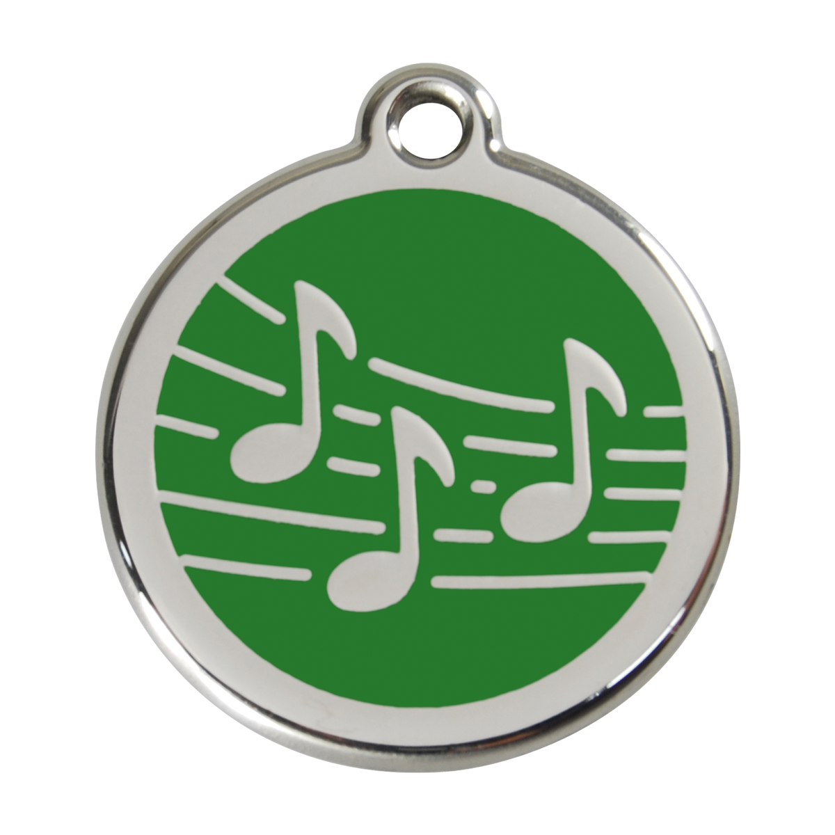Stainless steel dog ID tag with green enamel music notes and hanging ring