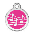 Stainless steel dog ID tag with pink enamel music notes and hanging ring