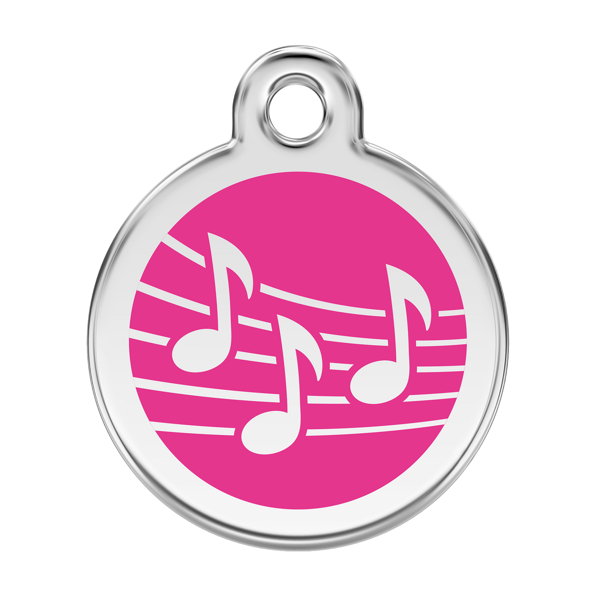 Stainless steel dog ID tag with pink enamel music notes and hanging ring