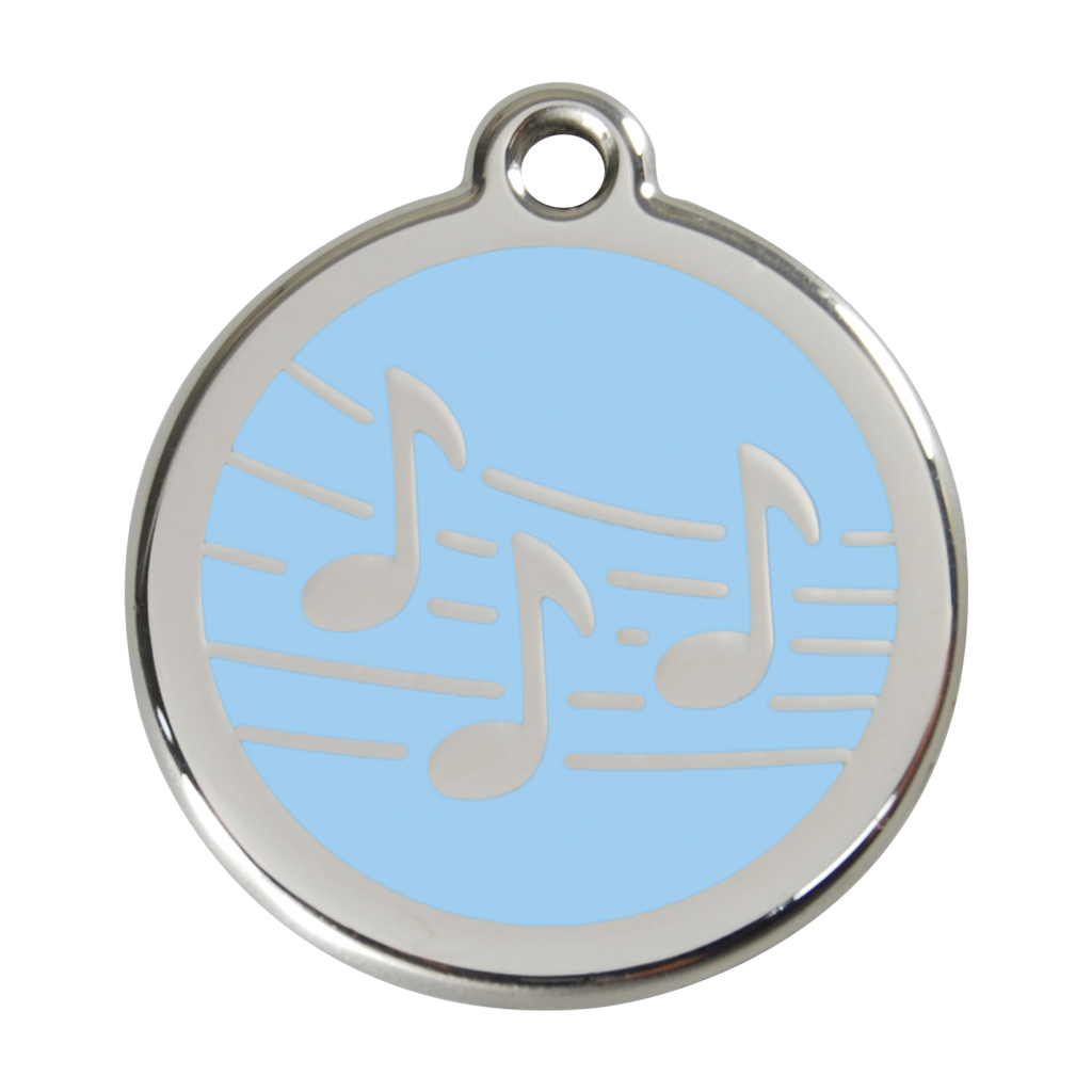 Stainless steel dog ID tag with light blue enamel music notes and hanging ring