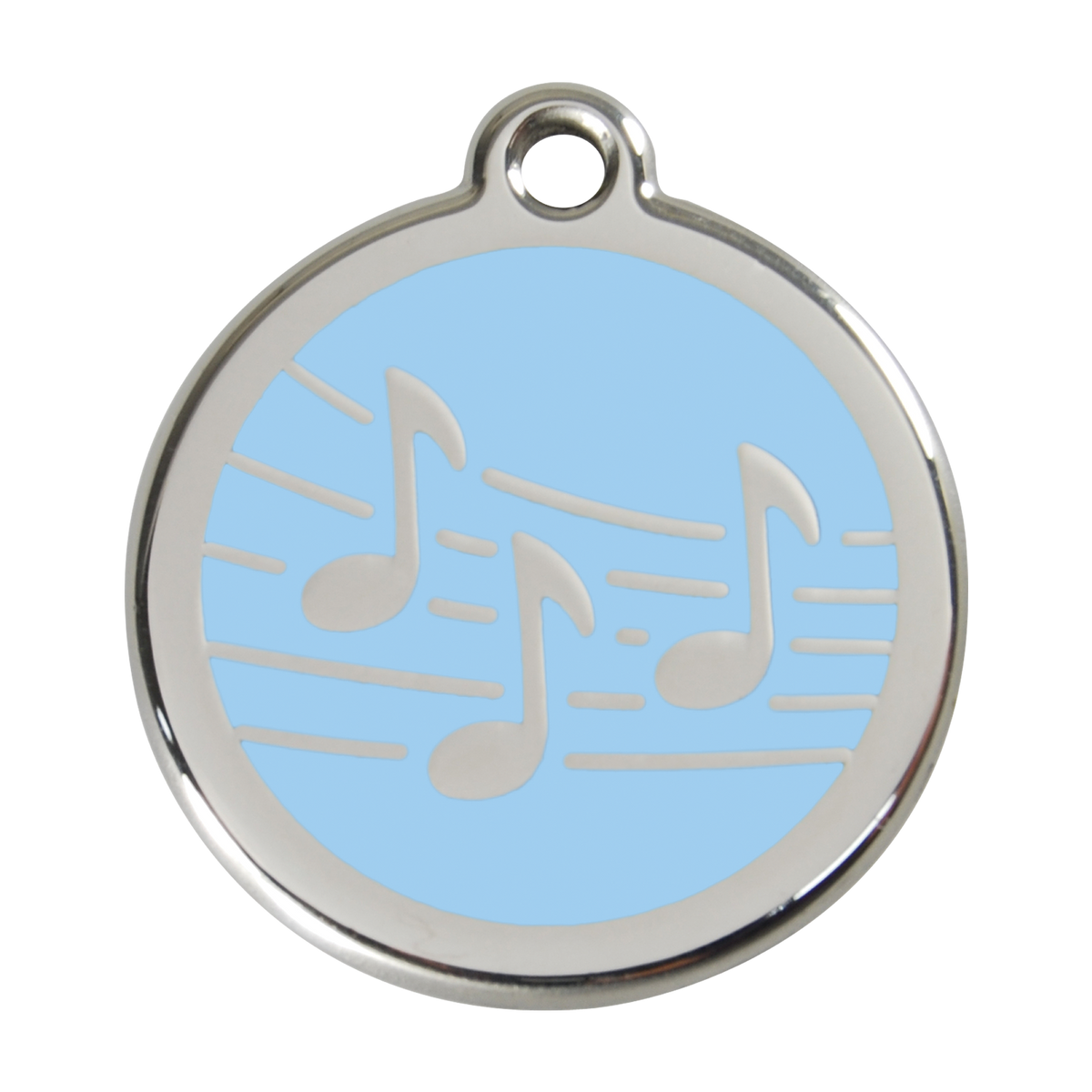 Stainless steel dog ID tag with light blue enamel music notes and hanging ring