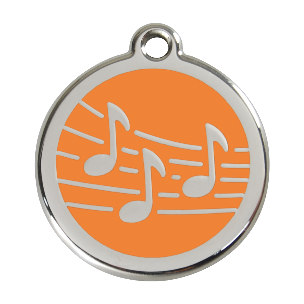Stainless steel dog ID tag with orange enamel music notes and hanging ring
