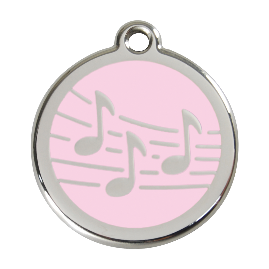 Stainless steel dog ID tag with pale pink enamel music notes and hanging ring