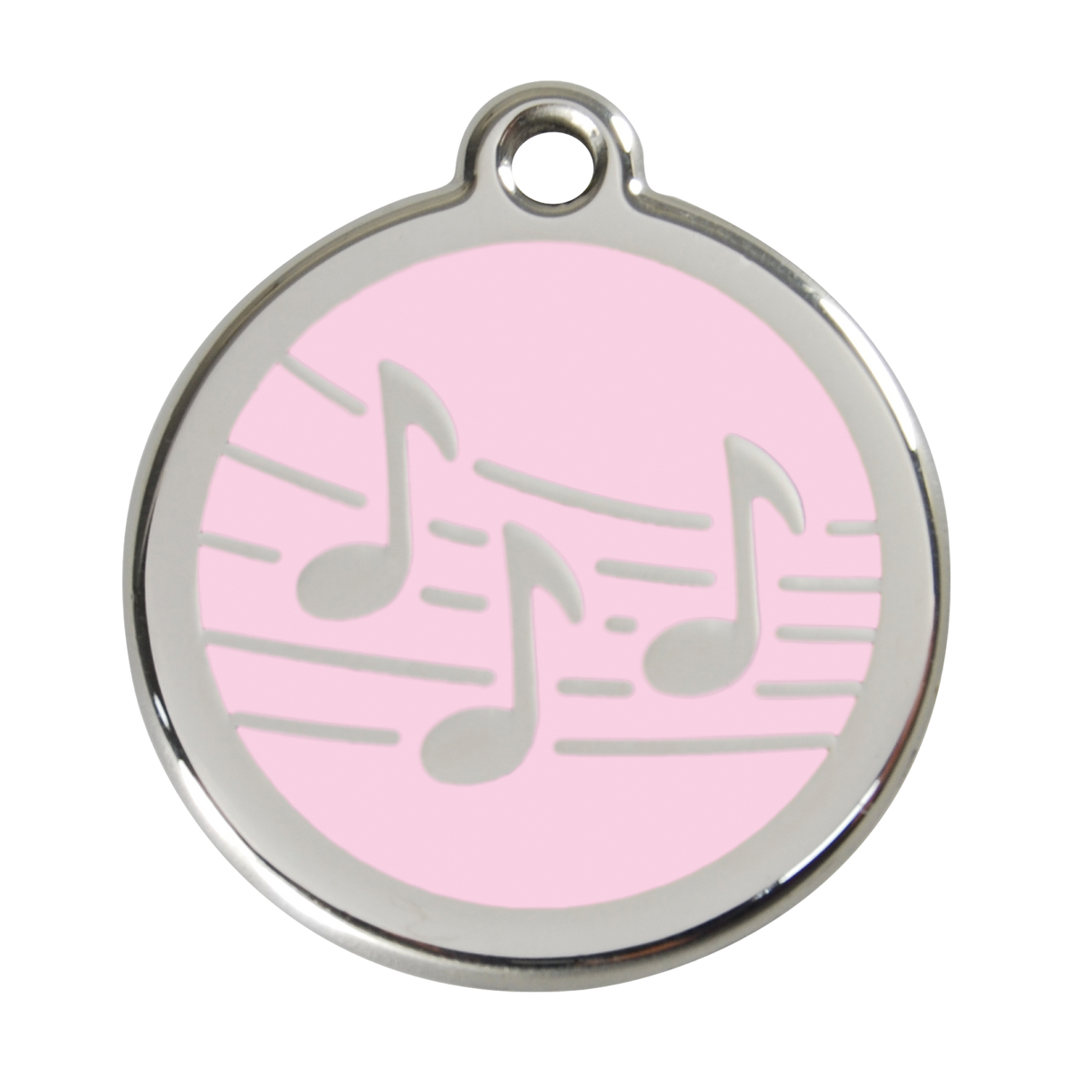Stainless steel dog ID tag with pale pink enamel music notes and hanging ring