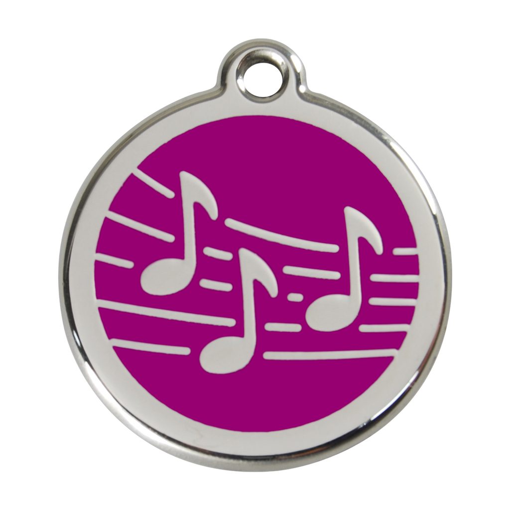 Stainless steel dog ID tag with purple enamel music notes and hanging ring