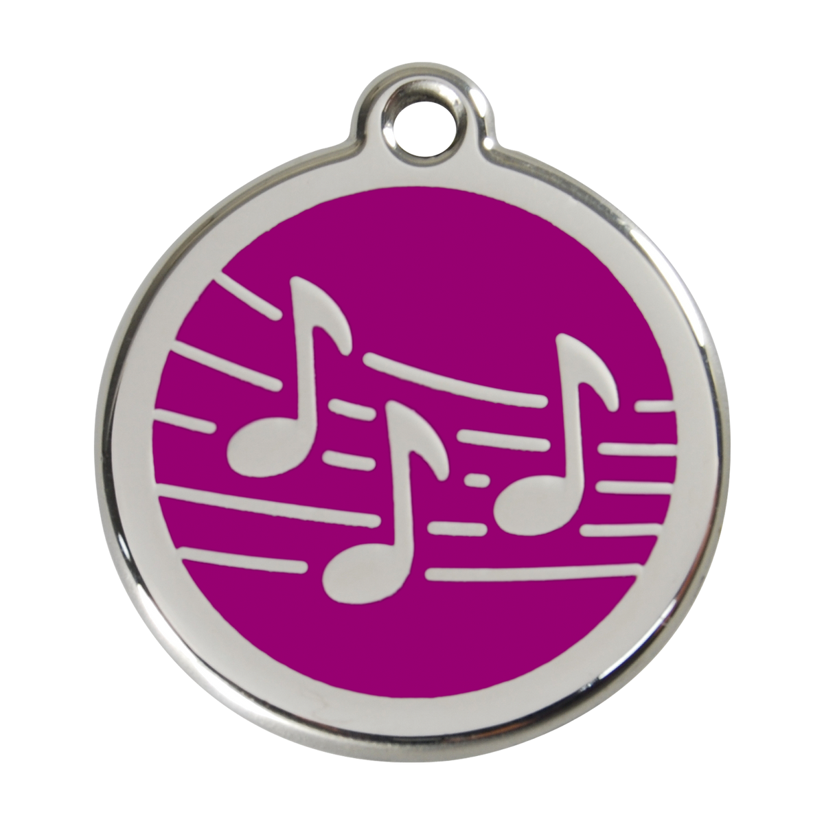 Stainless steel dog ID tag with purple enamel music notes and hanging ring