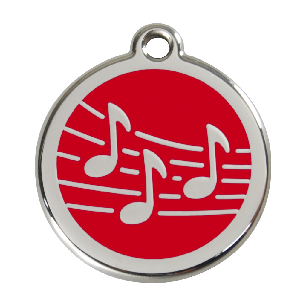 Stainless steel dog ID tag with red enamel music notes and hanging ring