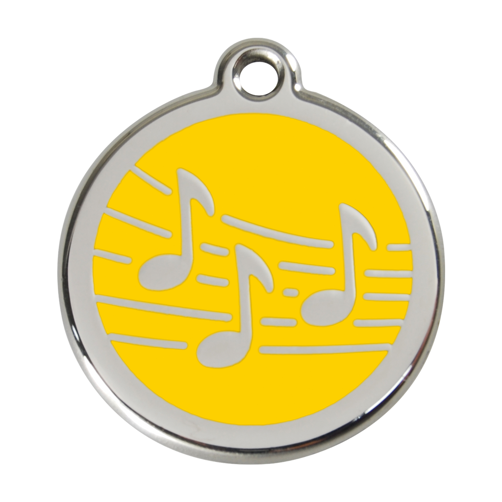 Dog ID tag with yellow enamel and silver music notes design