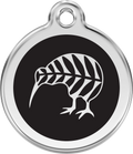 Stainless steel kiwi dog ID tag with enamel-style kiwi silhouette