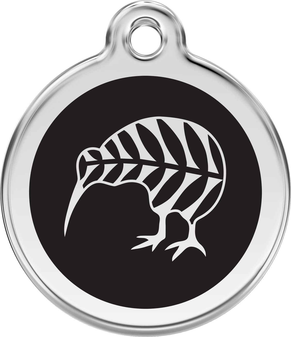 Stainless steel kiwi dog ID tag with enamel-style kiwi silhouette