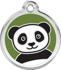 Red Dingo stainless steel enamel dog ID tag with panda face on green background