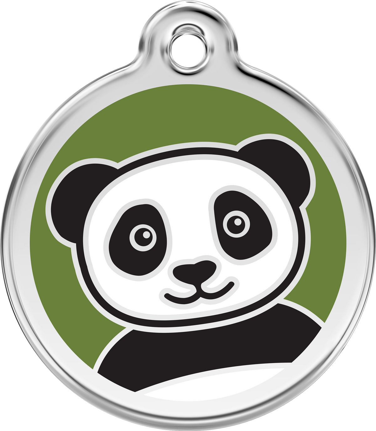 Red Dingo stainless steel enamel dog ID tag with panda face on green background