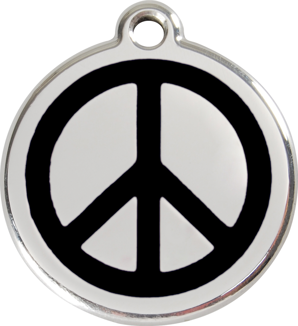 Stainless steel dog ID tag with black peace sign enamel