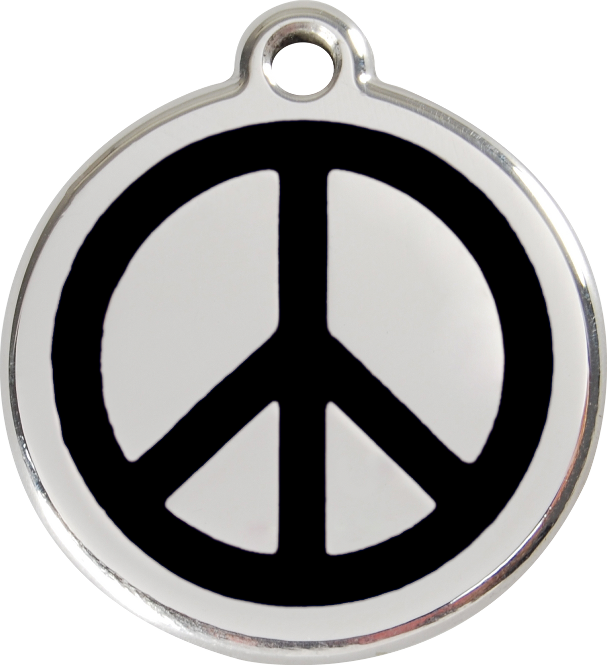 Stainless steel dog ID tag with black peace sign enamel