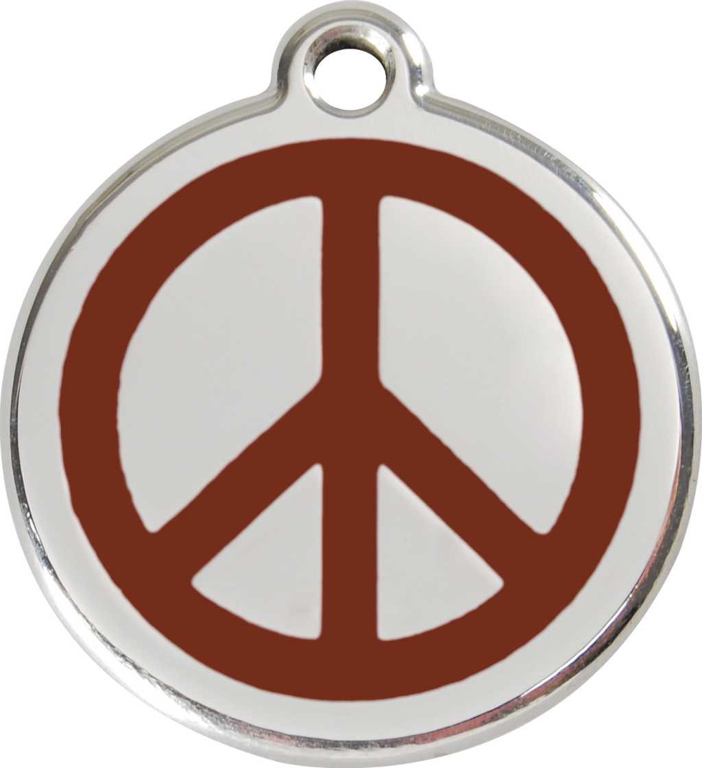 Stainless steel dog ID tag with brown peace sign enamel