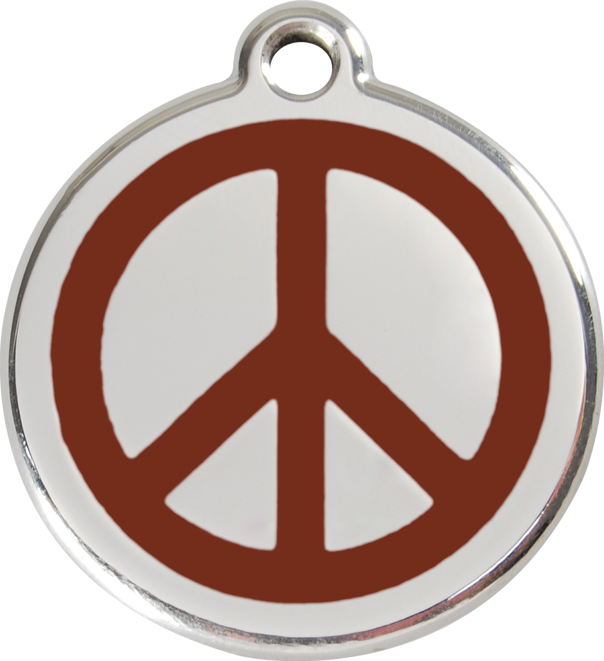 Stainless steel dog ID tag with brown peace sign enamel