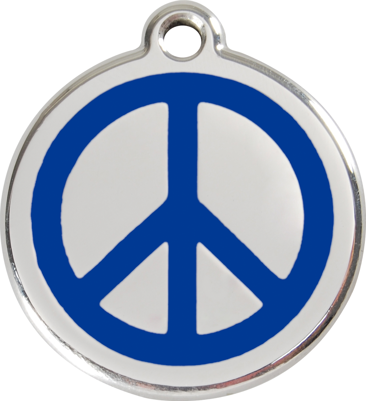 Stainless steel dog ID tag with blue peace sign enamel