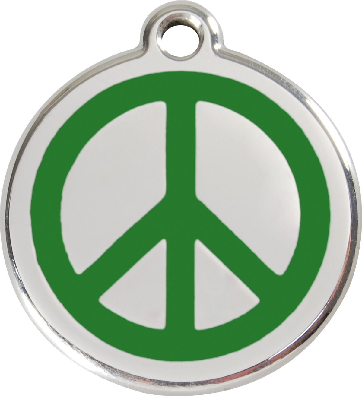 Stainless steel dog ID tag with green peace sign enamel