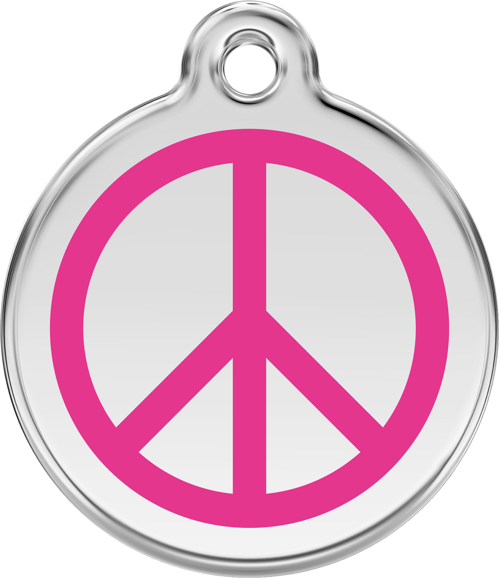 Stainless steel dog ID tag with hot pink peace sign enamel