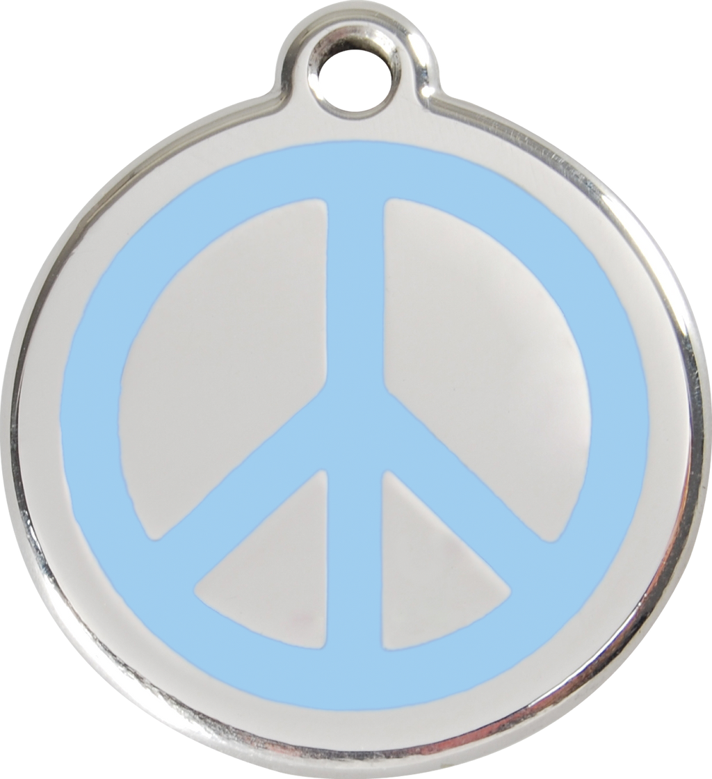 Stainless steel dog ID tag with light blue peace sign enamel