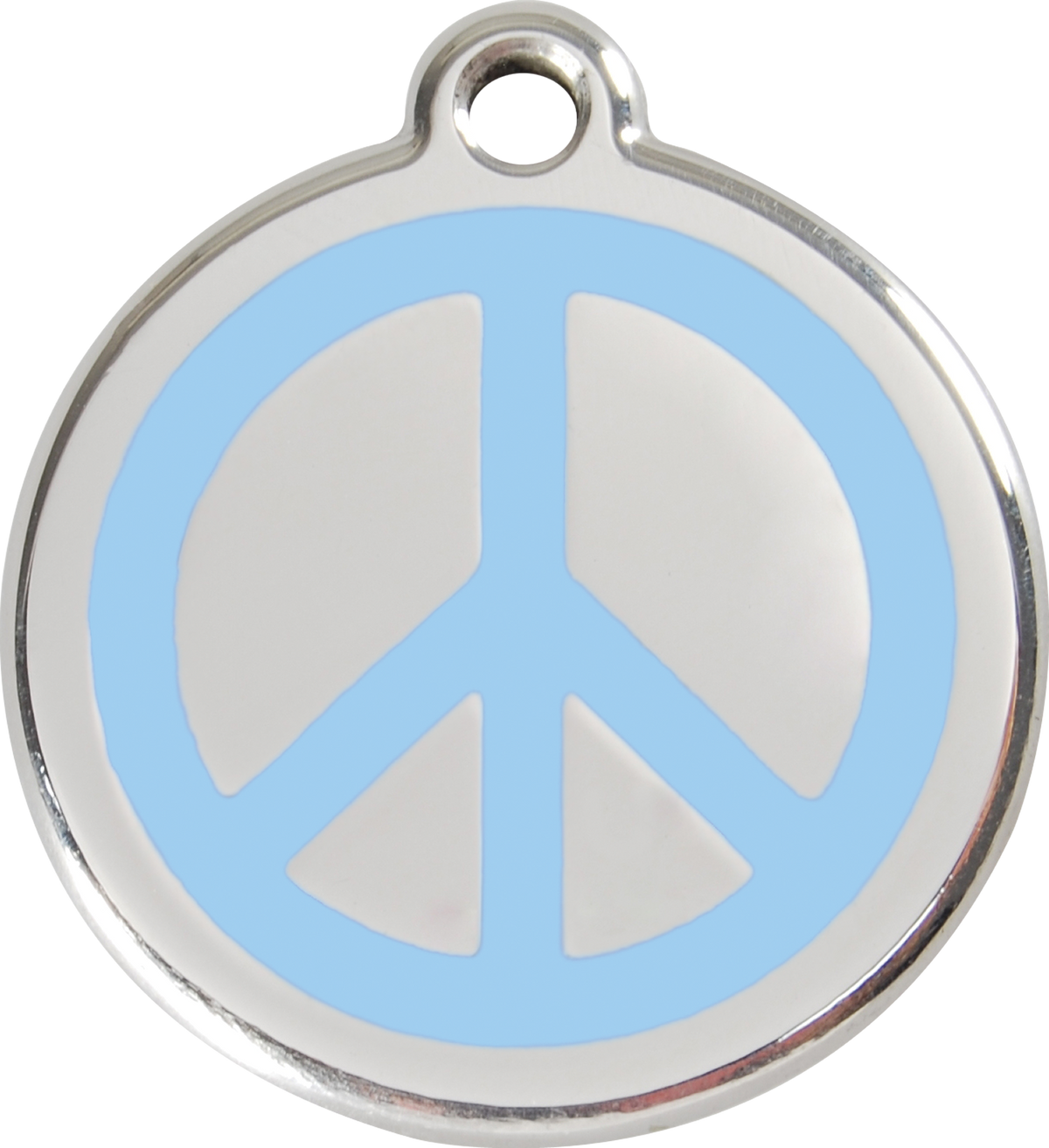 Stainless steel dog ID tag with light blue peace sign enamel