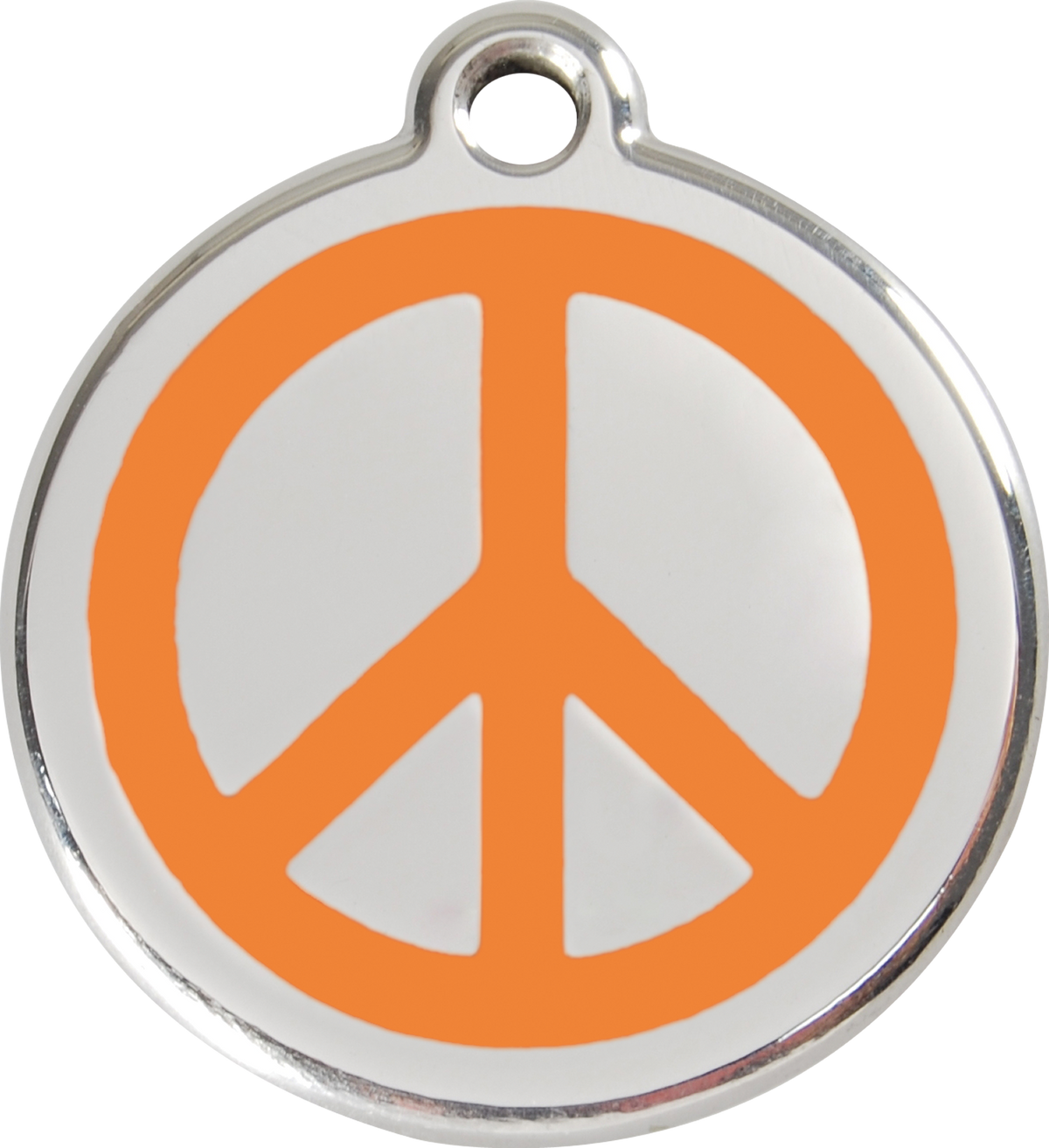 Stainless steel dog ID tag with orange peace sign enamel