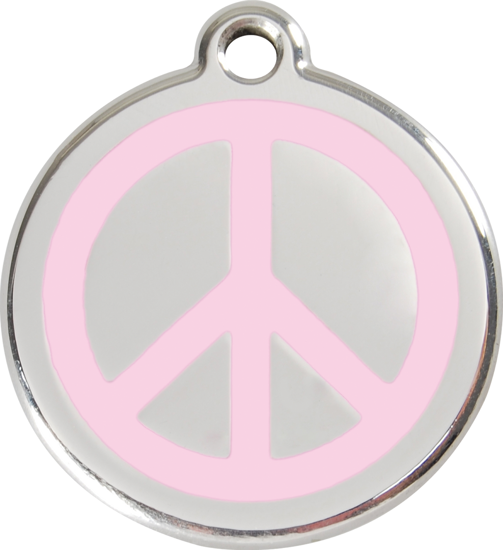 Stainless steel dog ID tag with pink peace sign enamel